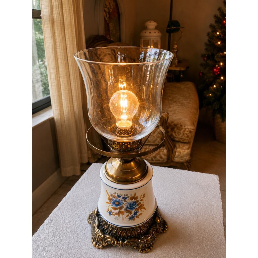 antique style hurricane table lamp milk glass base with brass metal glass shade